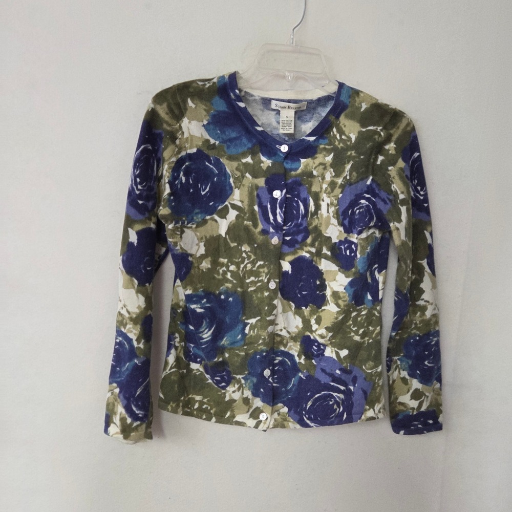 Susan Bristol Floral Cardigan Women Small Blue Green Rose Angora Blend Sweater